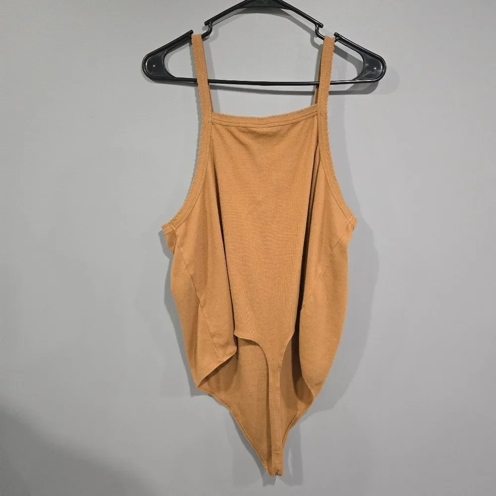 BP. Picot Trim Cotton Blend Rib Bodysuit in Tan Dale Size 3X